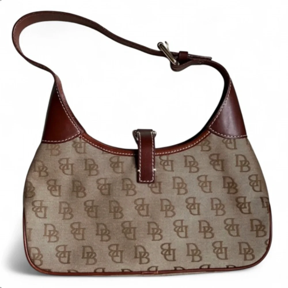 Dooney & Bourke Small Tan & Brown DB Monogram Logo Crescent Hobo